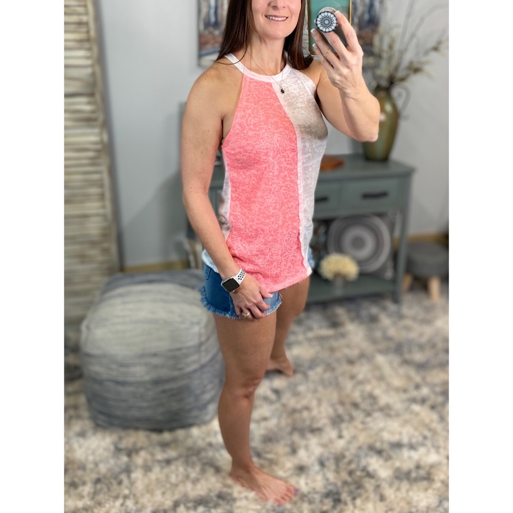 ❤️‍🔥Halter Color Block Racerback Burnout Scoop Neck Tank Neon Pink White 0622 - Picture 9 of 10